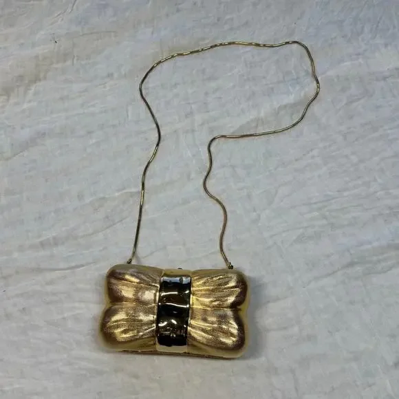 Vintage Saks Fifth Avenue Italy Bow Clamshell Gold Clutch Evening Bag - Picture 4 of 11